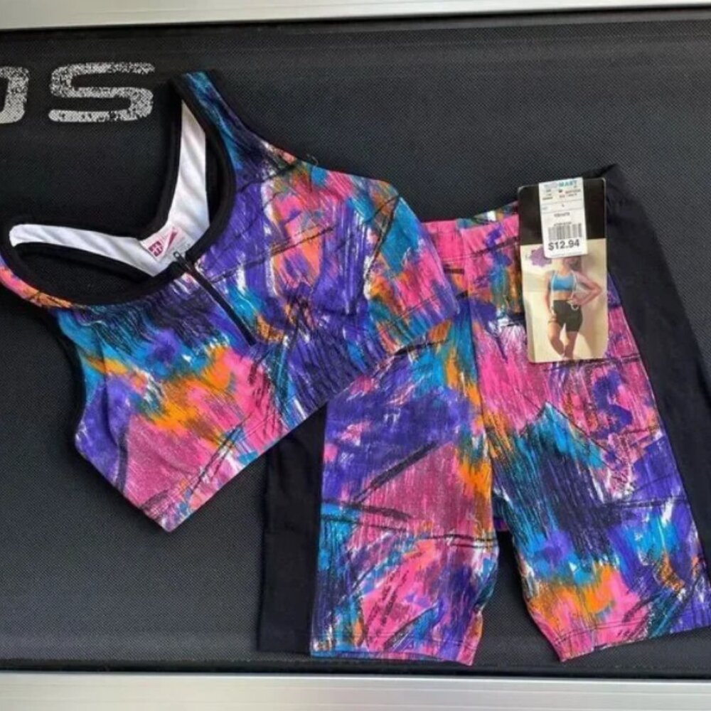 New Vintage 80s Hanes Workout Set Sport Bra Leggings Black Colorful Size M NWT